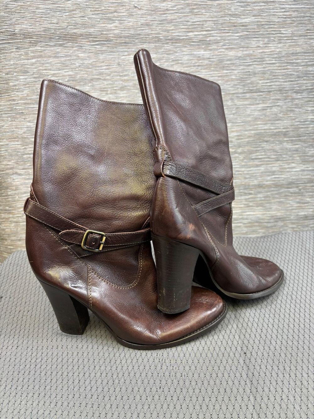 Corso Como Boots Womens Size 8 Brown Leather Mid Calf Block Heel Booties Buckle